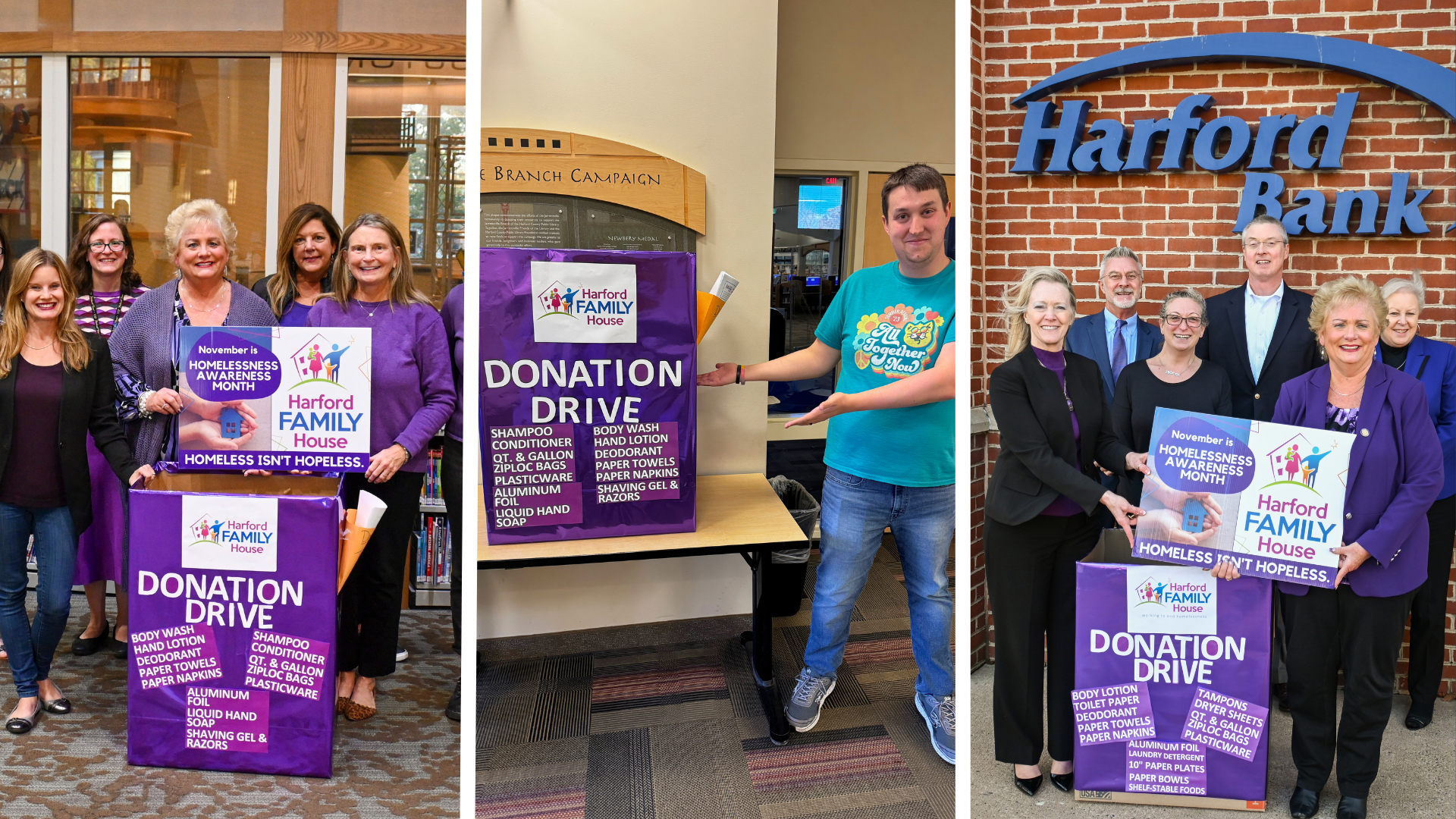 Collage of local businesses posing with their purple Homelessness Awareness Month donation drive boxes.